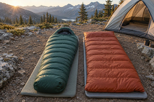 Green mummy and rust rectangular down sleeping bags laid on separate pads at a mountain campsite
