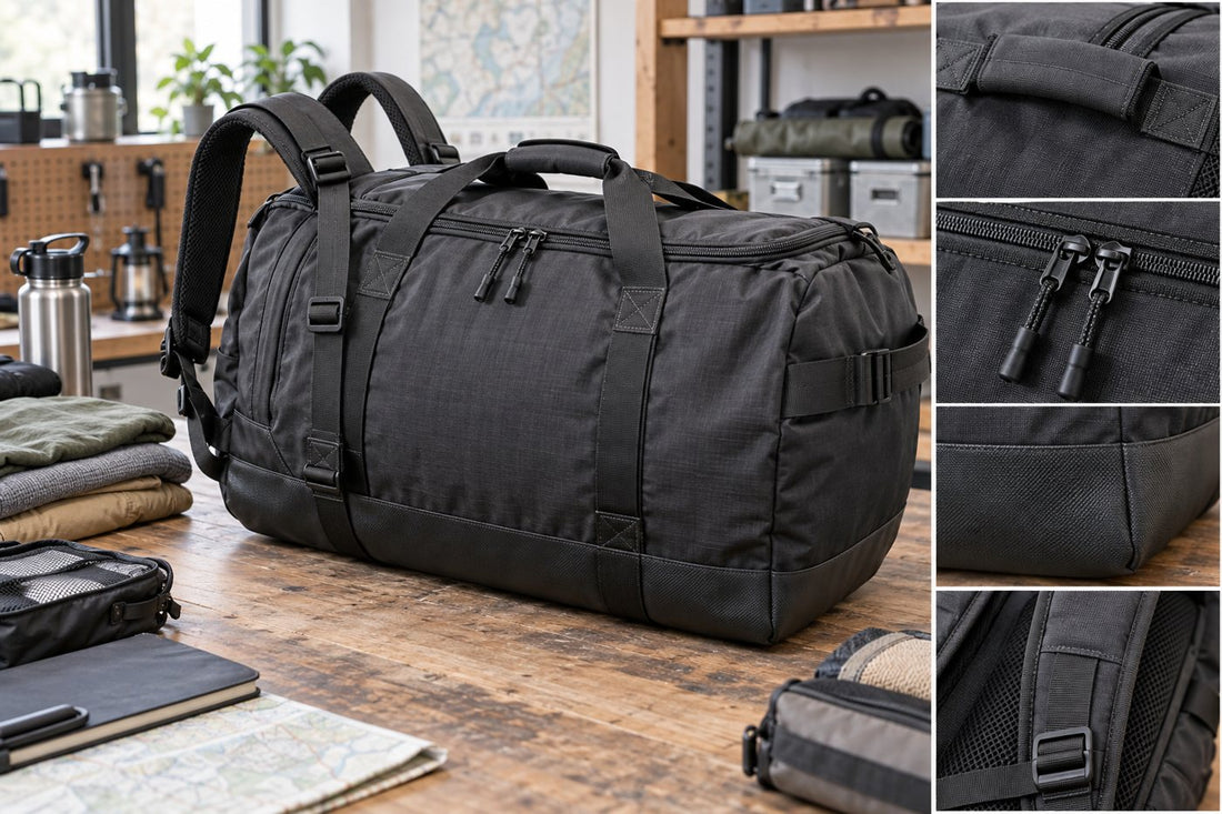 Backpack duffle shown with reinforced panels and carry points