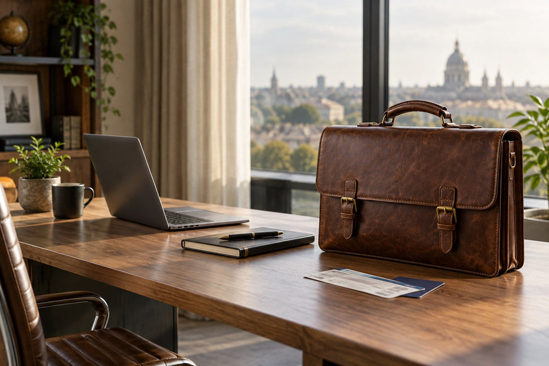 a vintage briefcase on a refined office desk beside a laptop, notebook and train ticket