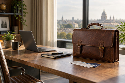 a vintage briefcase on a refined office desk beside a laptop, notebook and train ticket