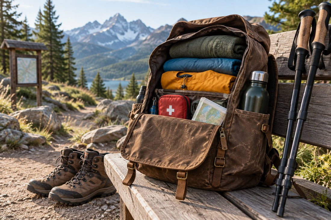 Waxed canvas backpack packed for hiking with trail-ready essentials