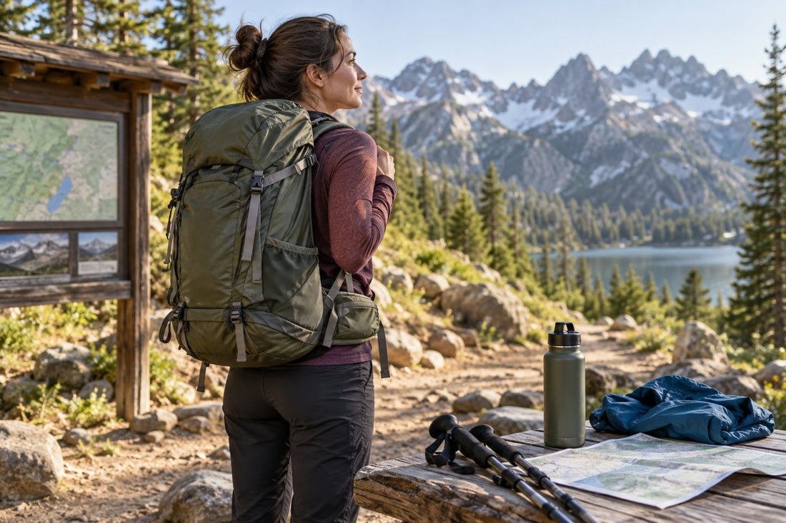Traveler testing a fitted hiking backpack at a trailhead