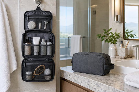 Hanging toiletry organizer compared with a flat travel pouch