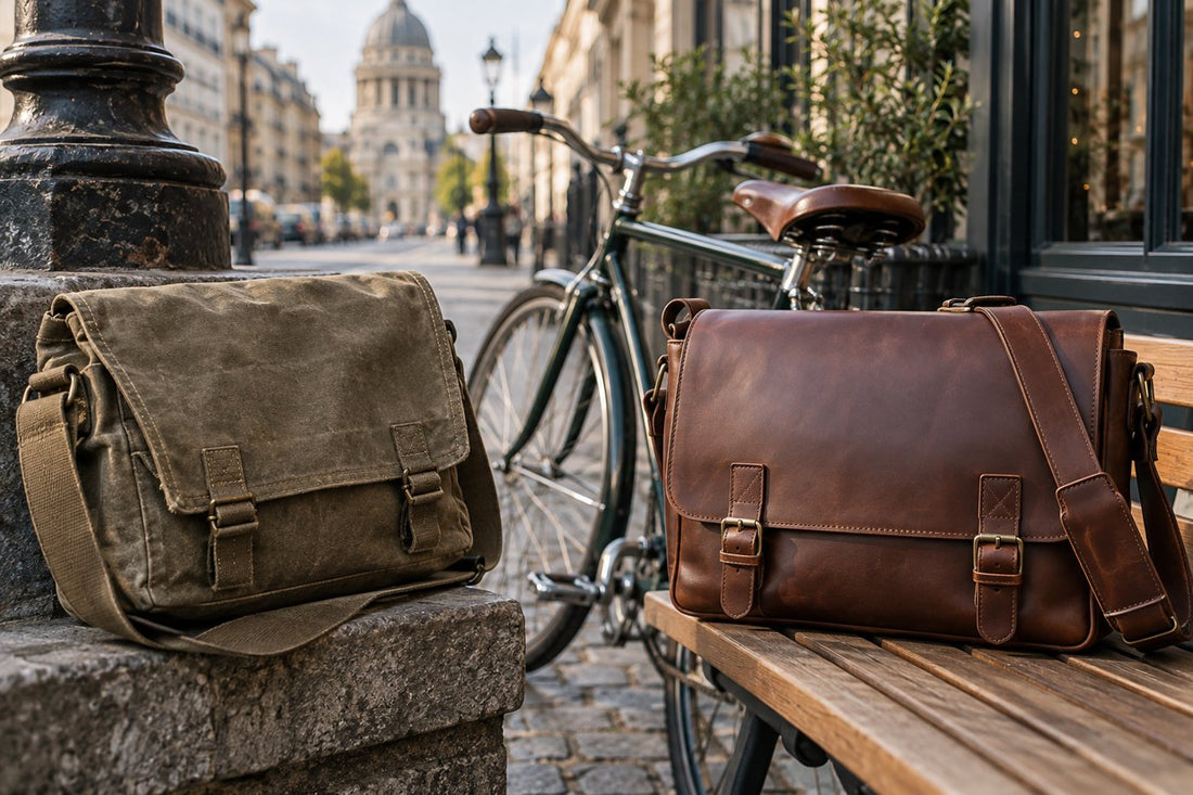 Canvas and leather messenger bags shown in an urban commute setting