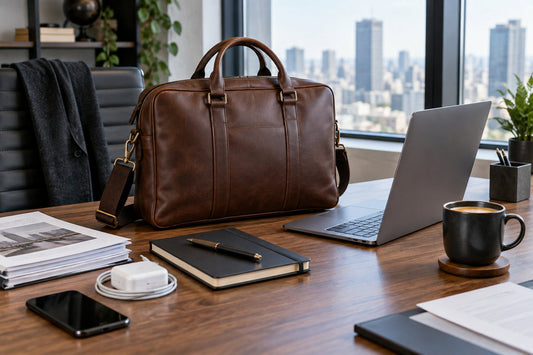 Leather laptop bag arranged with a laptop, notebook, charger, and work essentials