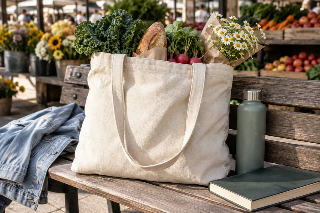Canvas tote bag used for market shopping and everyday reuse