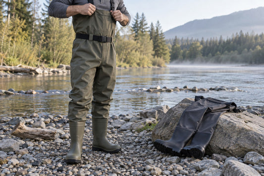 Angler checking plain chest wader fit beside a second pair on a rocky riverbank