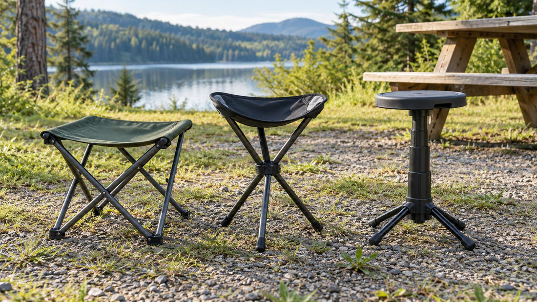 Generic cross-frame, tripod, and telescoping camping stools on level gravel and grass