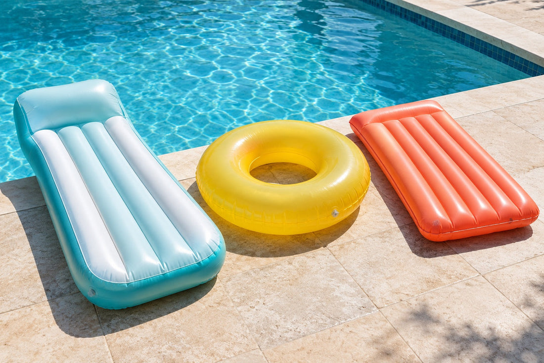 Blue lounger, yellow ring, and orange raft arranged beside a swimming pool