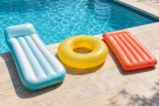 Blue lounger, yellow ring, and orange raft arranged beside a swimming pool