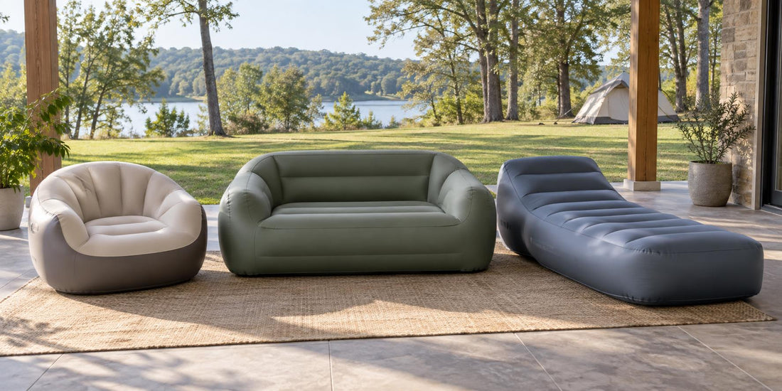 Generic inflatable chair, sofa, and lounger arranged side by side on a covered patio