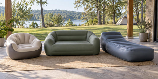 Generic inflatable chair, sofa, and lounger arranged side by side on a covered patio