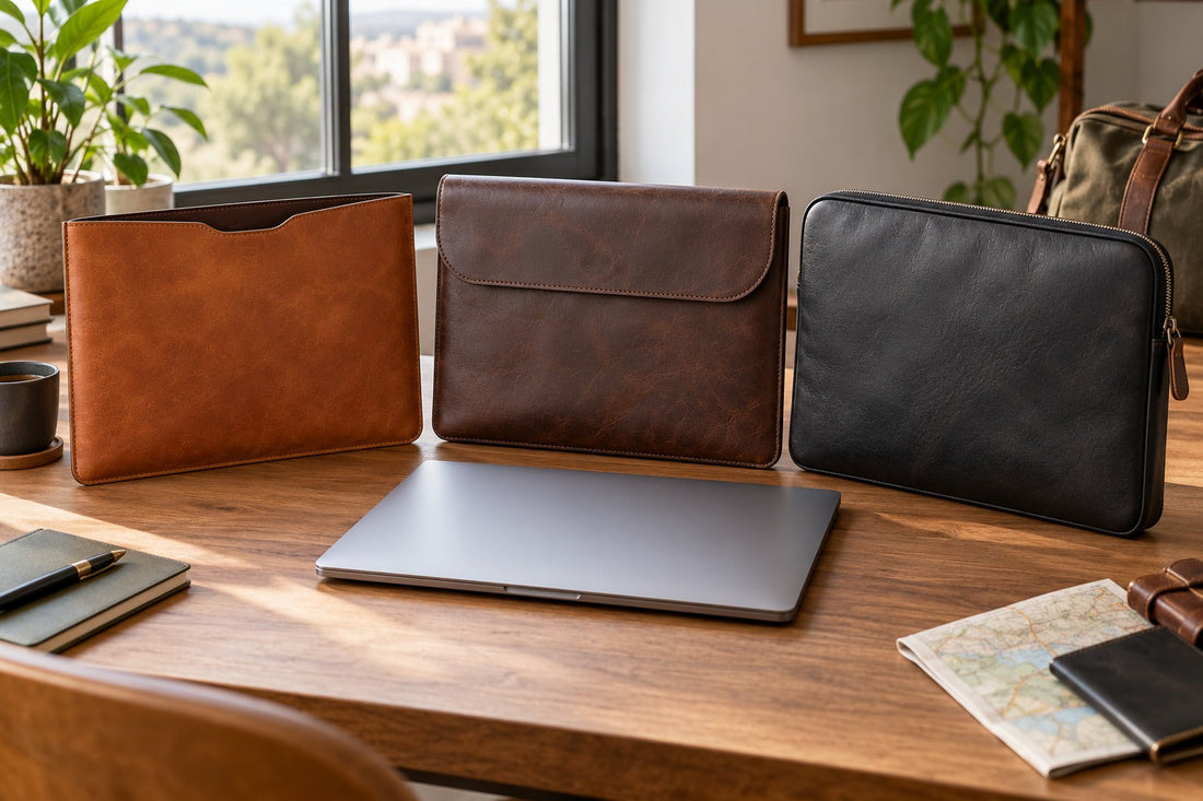 Three generic leather laptop sleeve formats beside a closed unbranded laptop