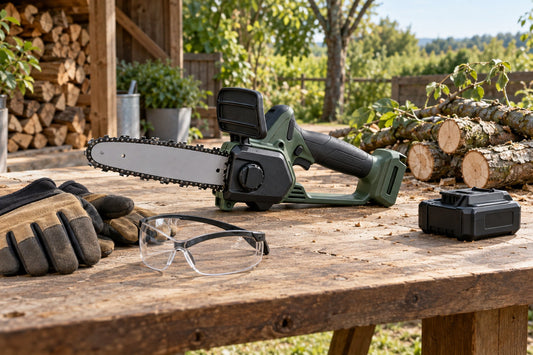 Unbranded mini electric chainsaw with removed battery, gloves, eye protection, and cut branches