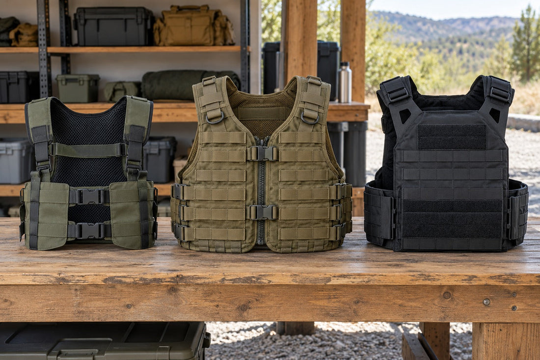 Three generic tactical vest formats arranged side by side on an outdoor gear bench