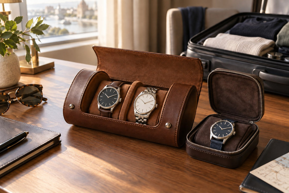 Leather watch roll and single travel case arranged beside a packed carry-on