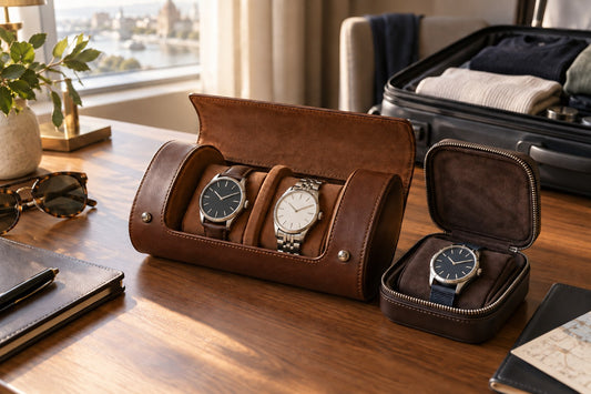 Leather watch roll and single travel case arranged beside a packed carry-on