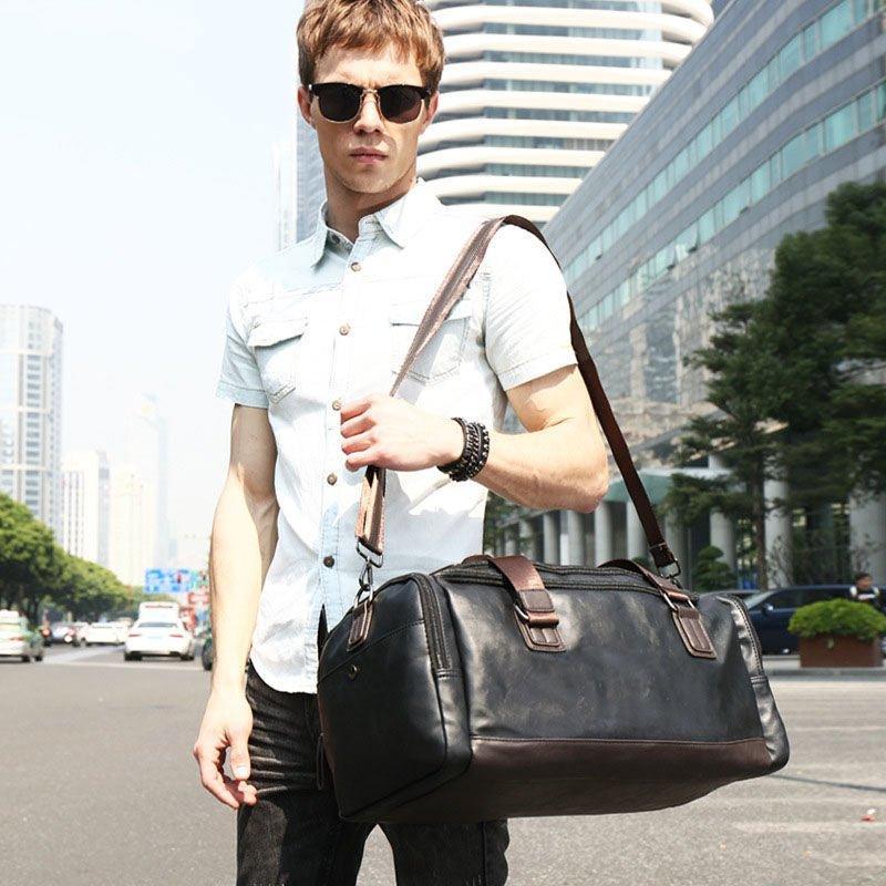 black leather gym duffle bag for men with shoe compartment - Woosir