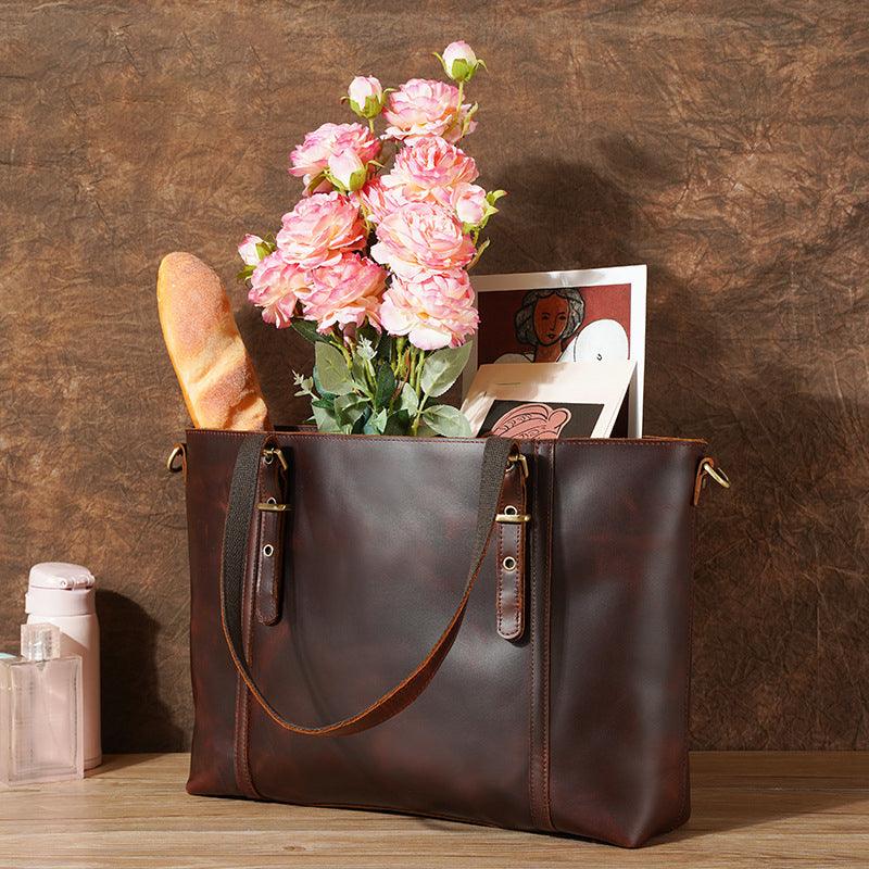 large leather tote bag brown - Woosir