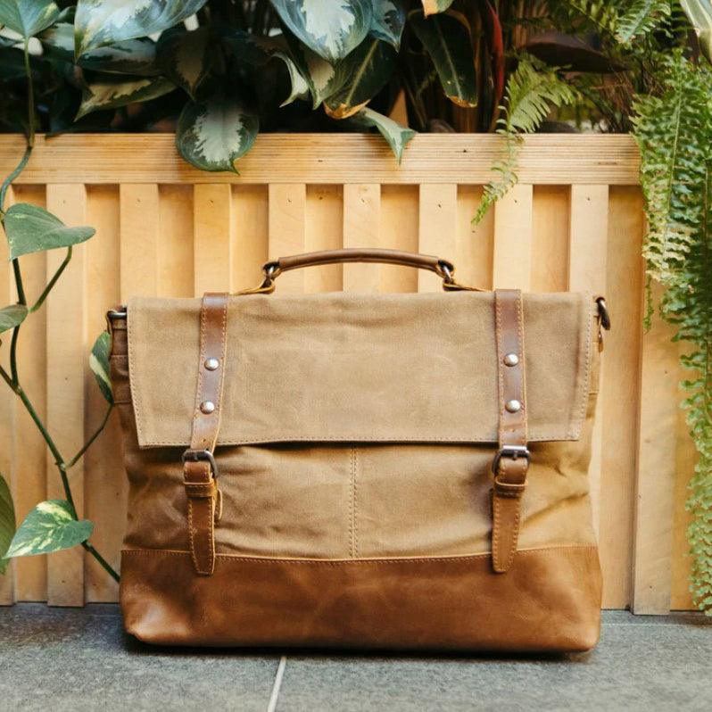 waxed canvas laptop briefcase brown - Woosir