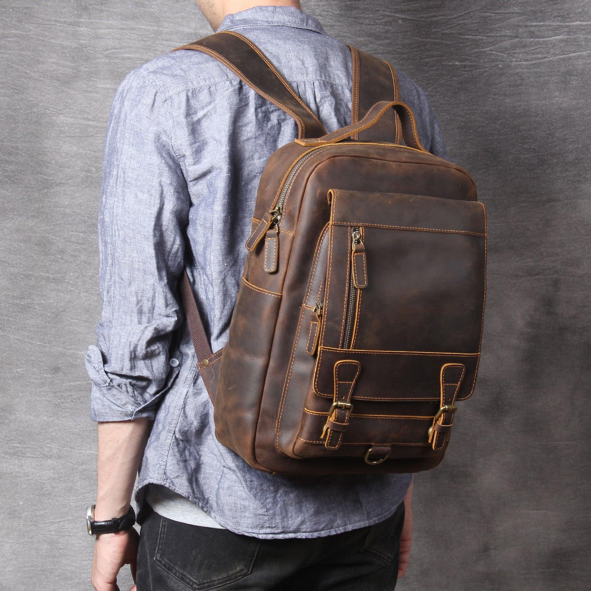 brown leather backpack for men - Woosir