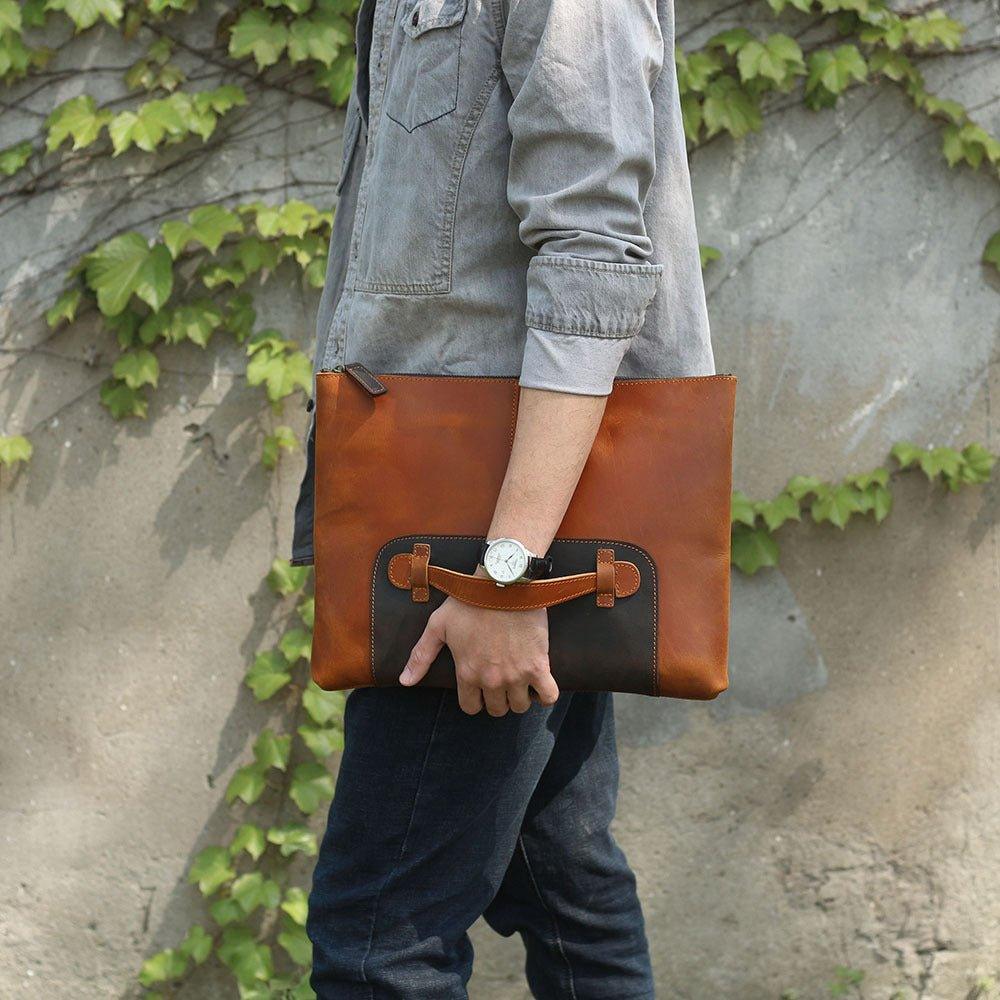 mens clutch bag leather brown - Woosir