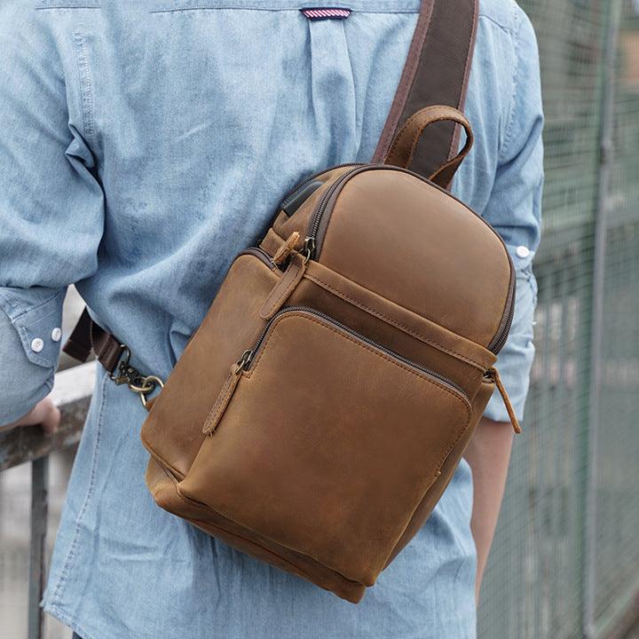 vintage leather sling bag for men brown - Woosir