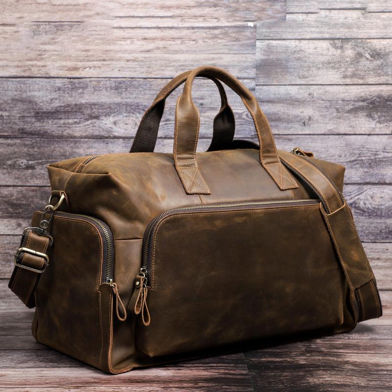 large mens leather duffle bag brown - Woosir