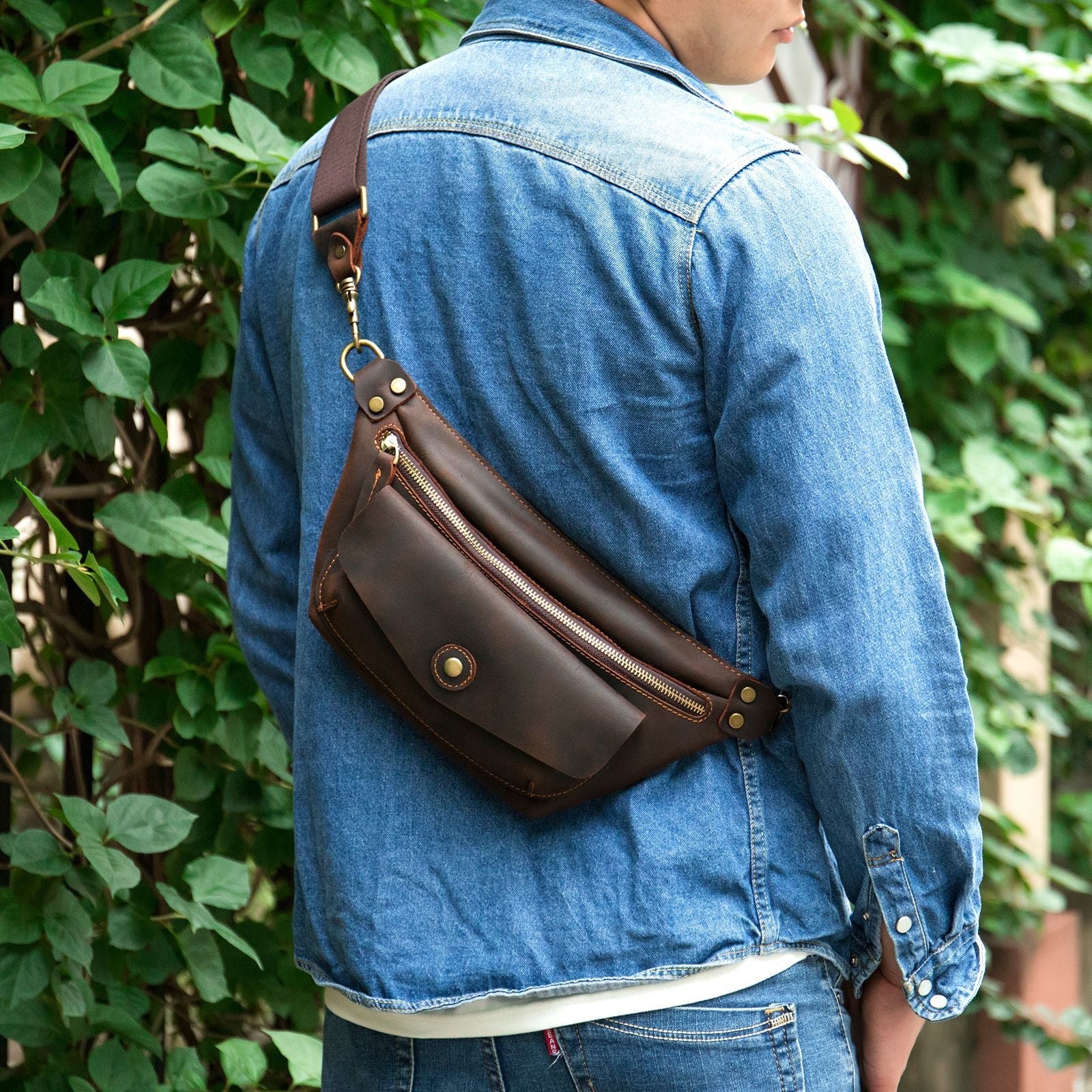 brown leather sling bag for men fit iPad 9.7"-woosir