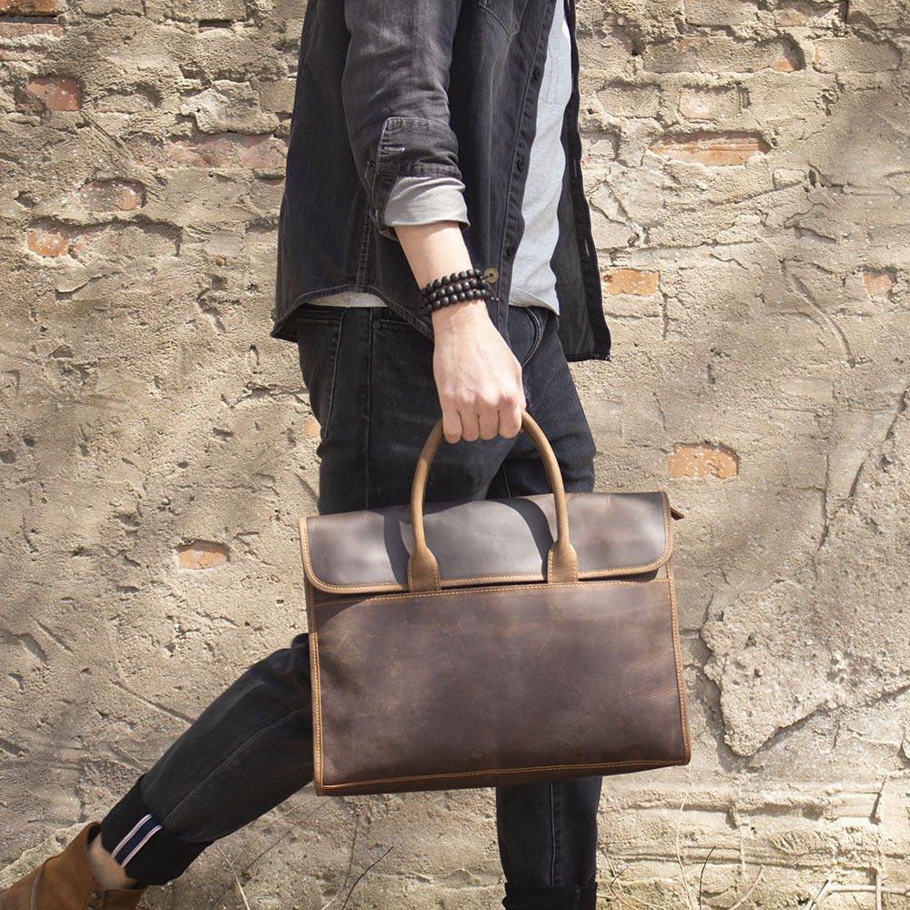 brown laptop leather briefcase bags for men - Woosir