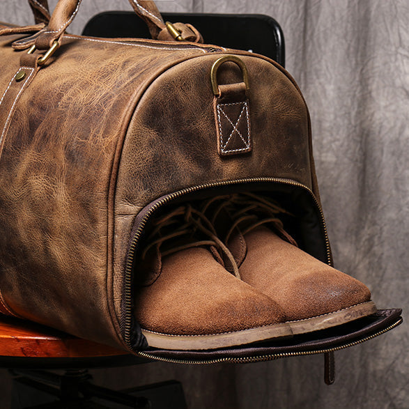 vintage leather weekender bag with shoe compartment - woosir