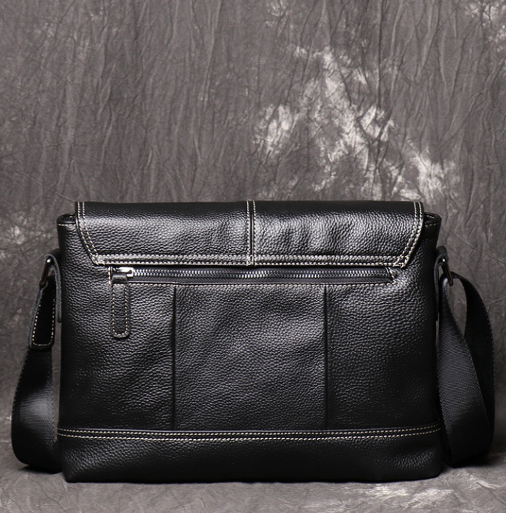 Black Genuine Leather Messenger Crossbody Bag rear view