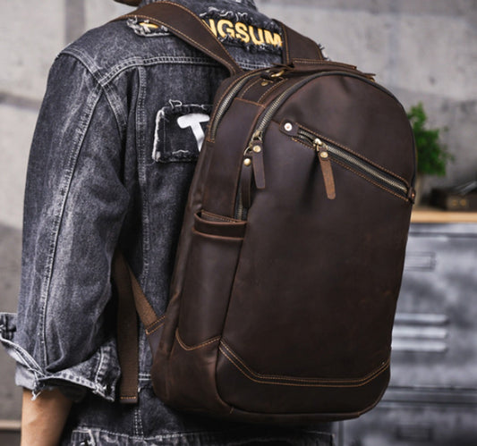 Vintage Genuine Leather Laptop Backpack model worn