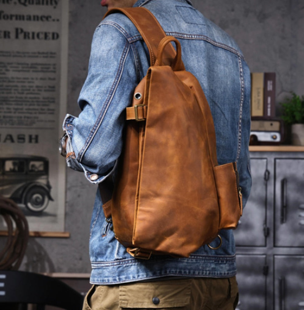 Vintage Genuine Leather One Shoulder Backpack model rear view