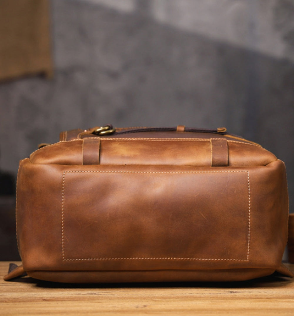 Vintage Leather Laptop Backpack for Men bottom view detail