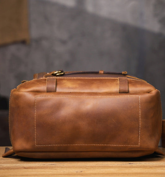 Vintage Leather Laptop Backpack for Men bottom view detail