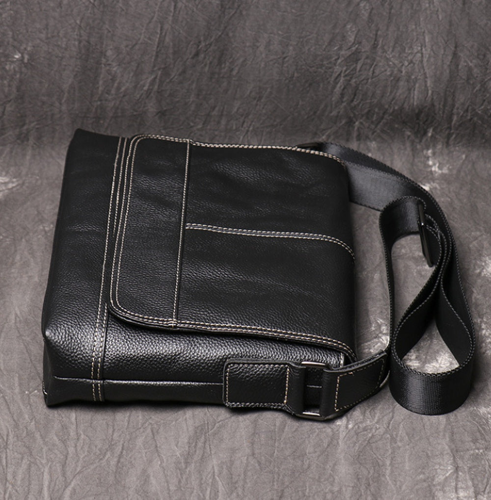 Black Genuine Leather Messenger Crossbody Bag side view