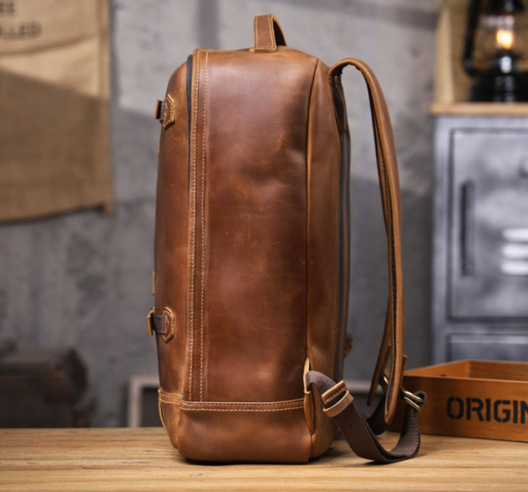 Vintage Leather Laptop Backpack for Men side profile detail