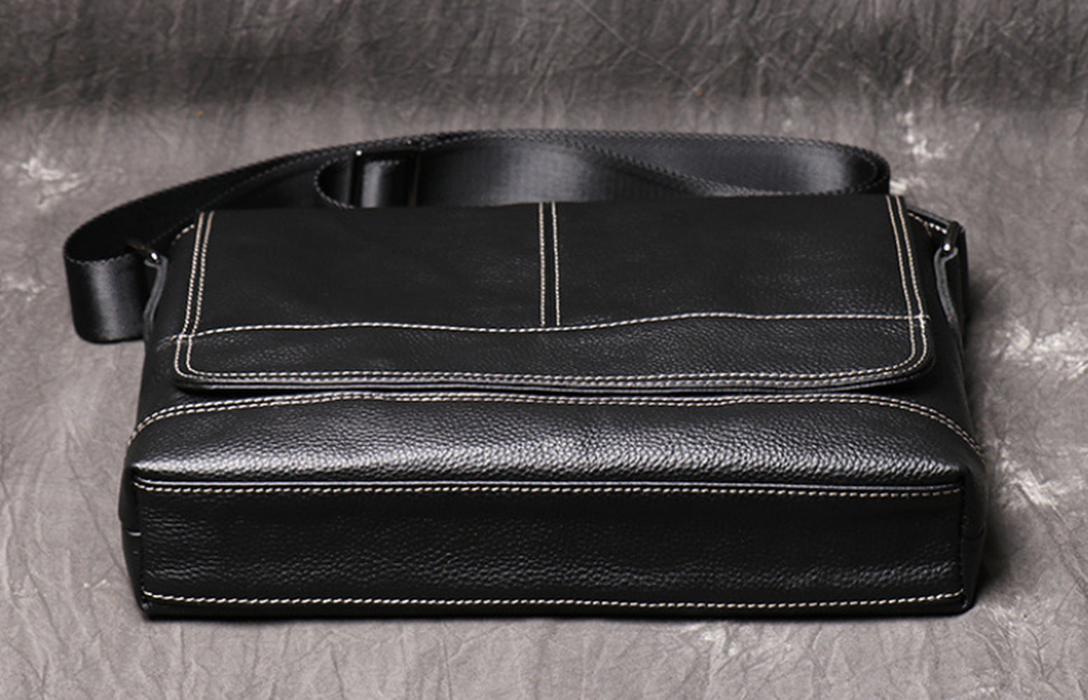 Black Genuine Leather Messenger Crossbody Bag bottom view