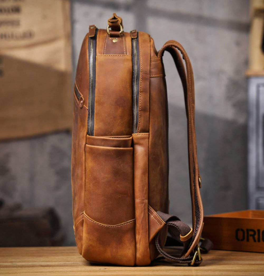 Vintage Genuine Leather Laptop Backpack side view