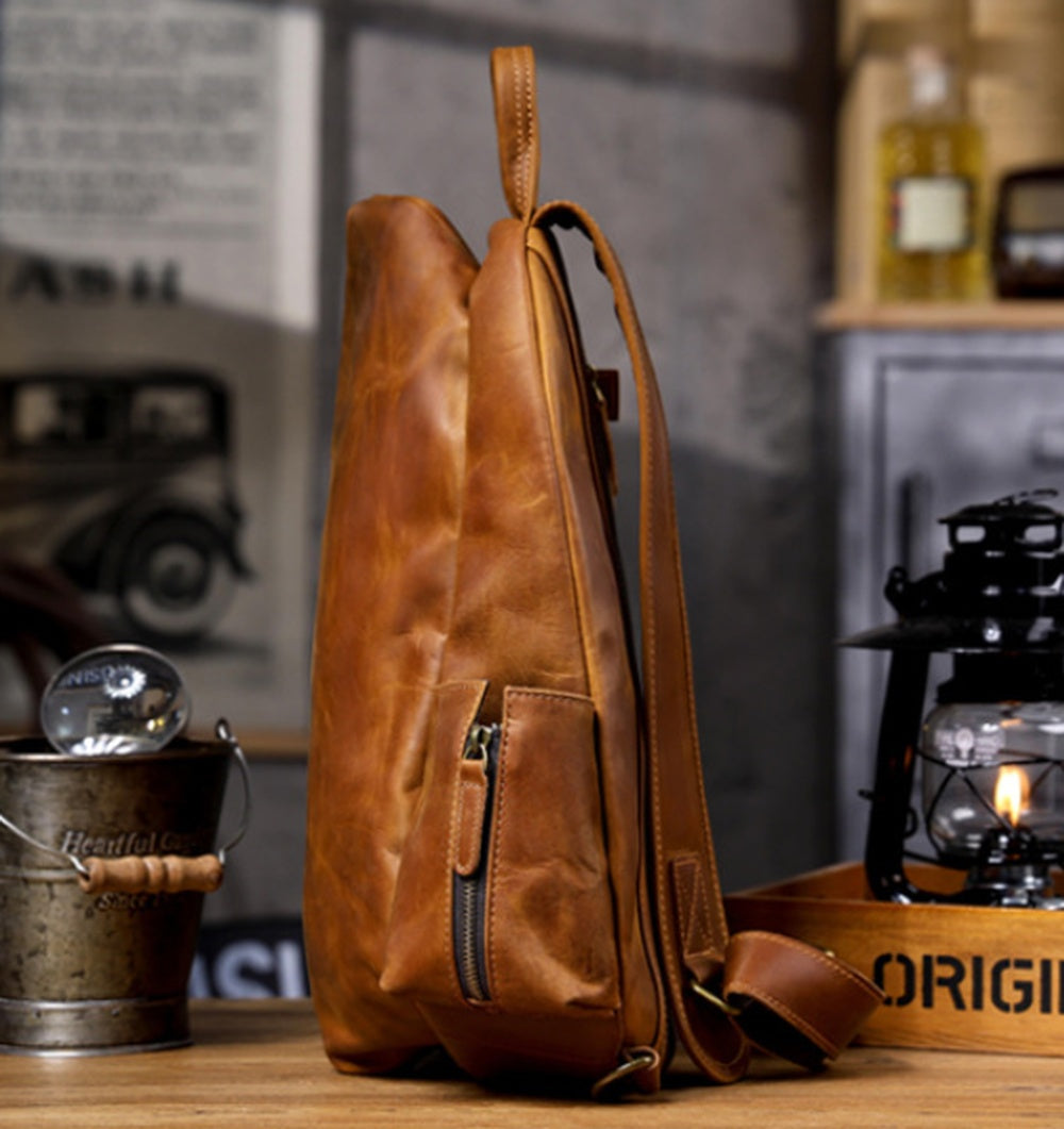 Vintage Genuine Leather One Shoulder Backpack side profile
