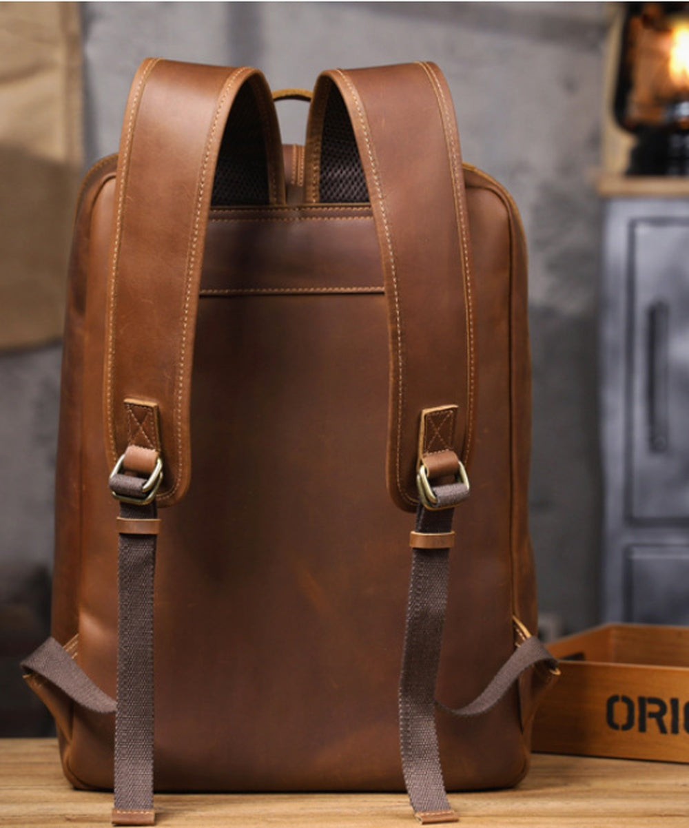 Vintage Leather Laptop Backpack for Men rear construction detail