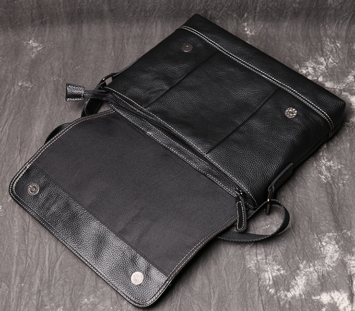 Black Genuine Leather Messenger Crossbody Bag open flap detail