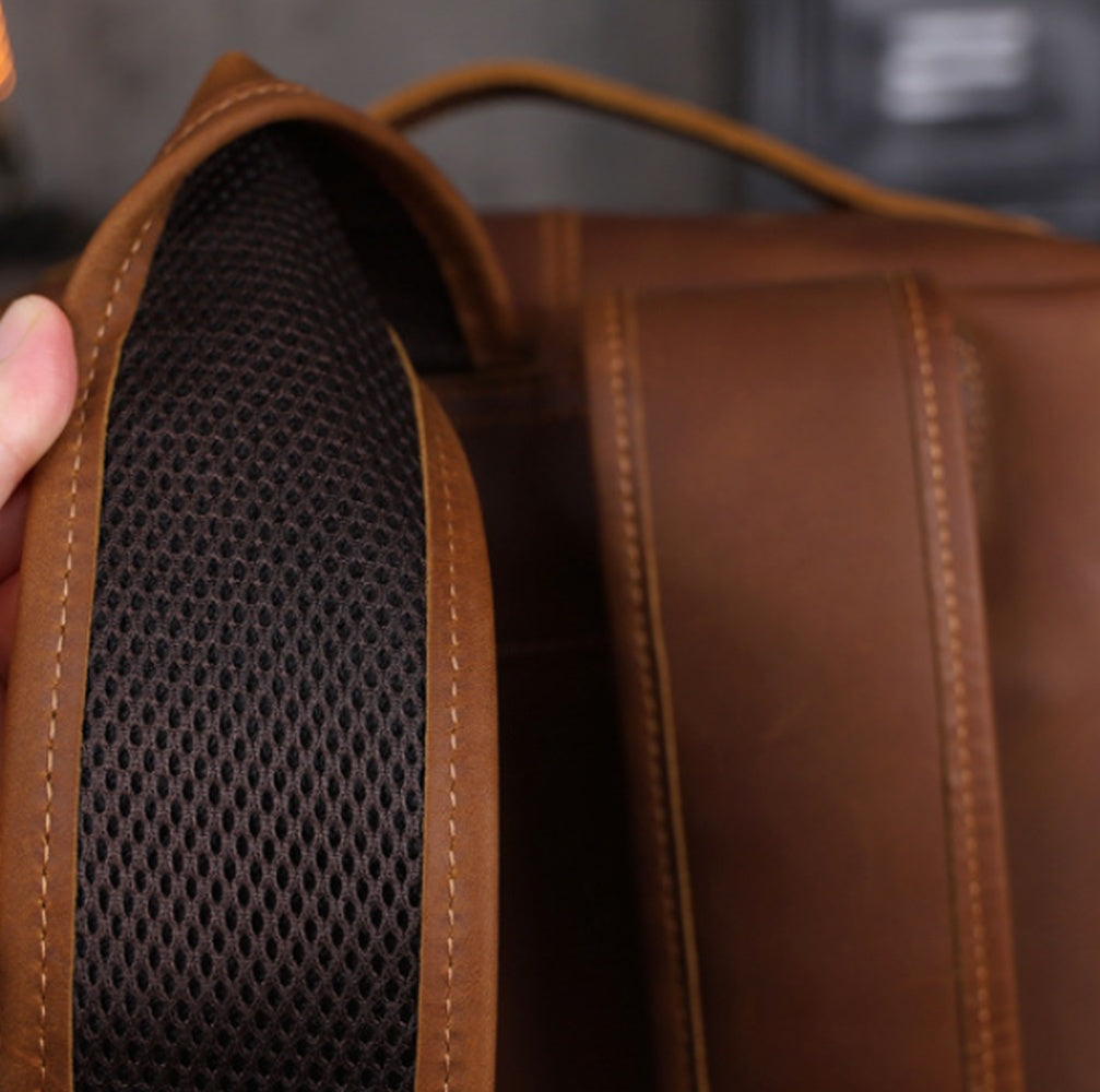 Vintage Leather Laptop Backpack for Men breathable back panel detail