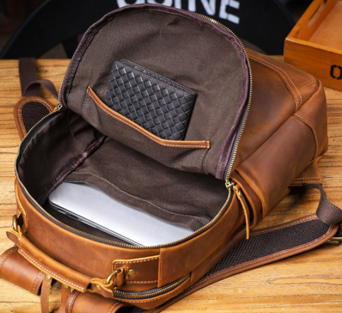 Vintage Genuine Leather Laptop Backpack interior organization