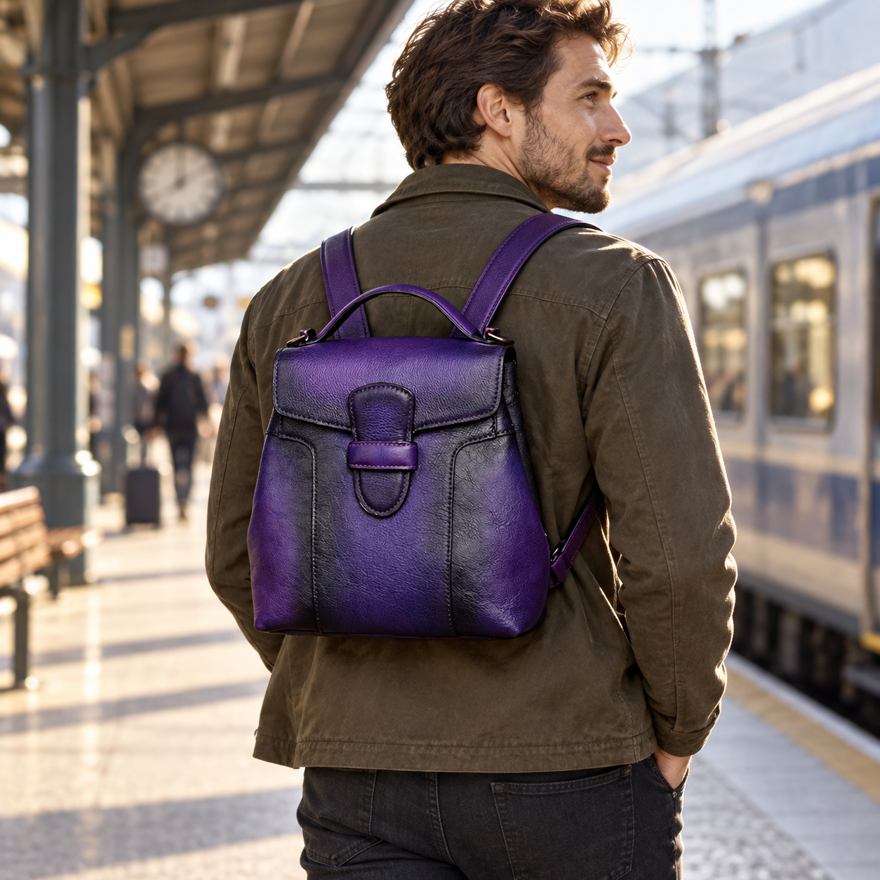 Vintage Full-Grain Leather Backpack for Daily Carry Vintage Blue model 2 lifestyle image