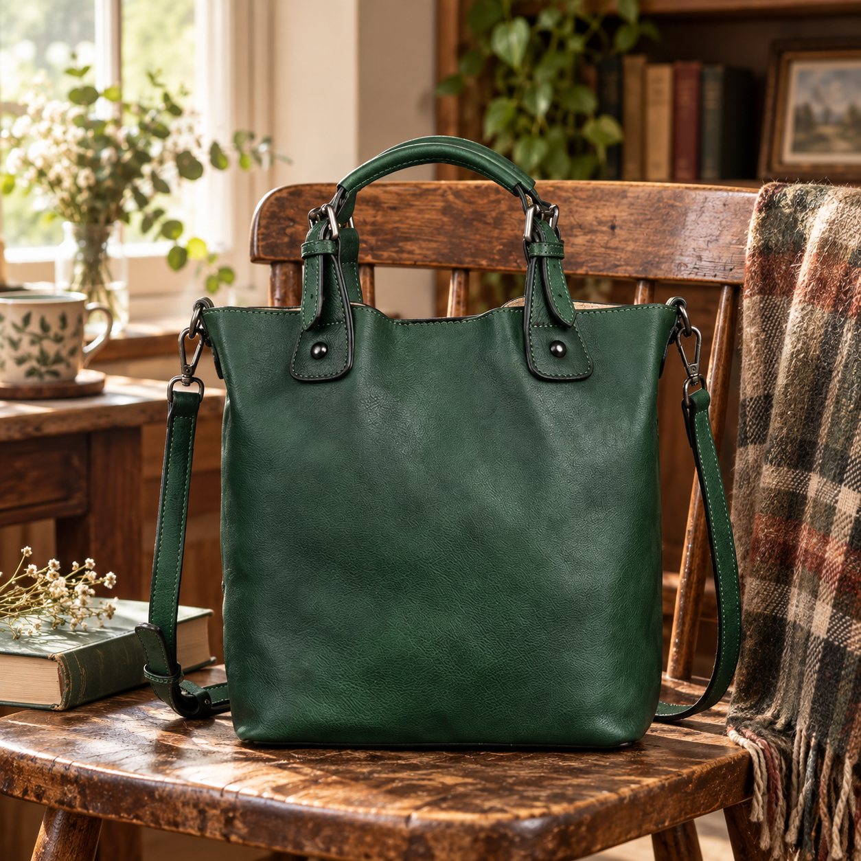 Vintage Full-Grain Leather Shoulder Bag for Women Vintage Green scene 2 lifestyle image