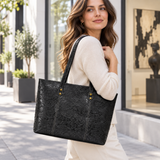 Vintage Printed Genuine Leather Tote Shoulder Bag Printed Black model 1 lifestyle image