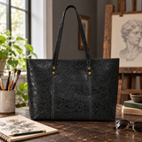 Vintage Printed Genuine Leather Tote Shoulder Bag Printed Black scene 1 lifestyle image