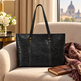 Vintage Printed Genuine Leather Tote Shoulder Bag Printed Black scene 2 lifestyle image
